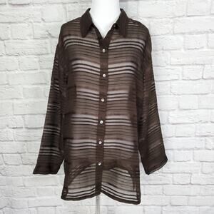 Chico's Design Sz 3 Brown Sheer Button Down Shirt Top Striped Chicos XL 16